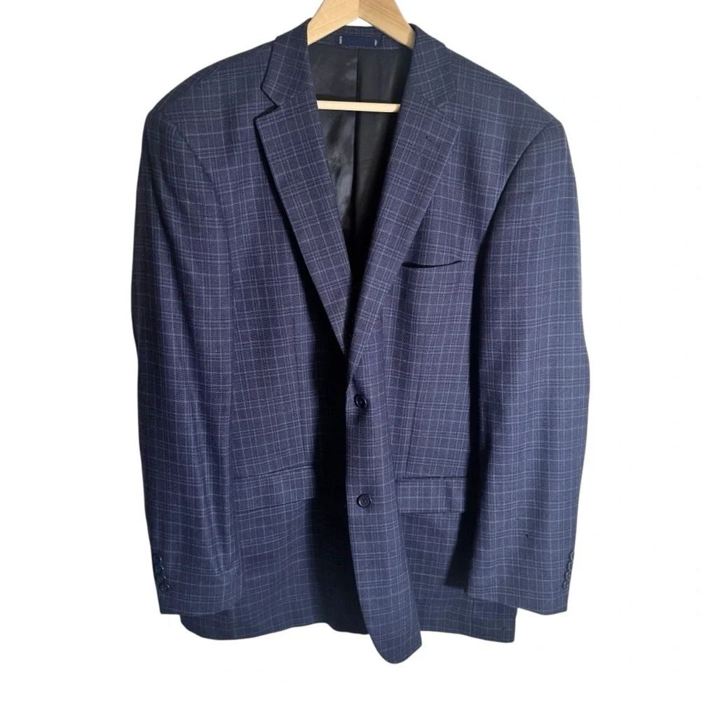 Paul Fredrick Sport Coat Blazer Mens 46 L Blue Plaid Classic Fit Wool Silk Linen